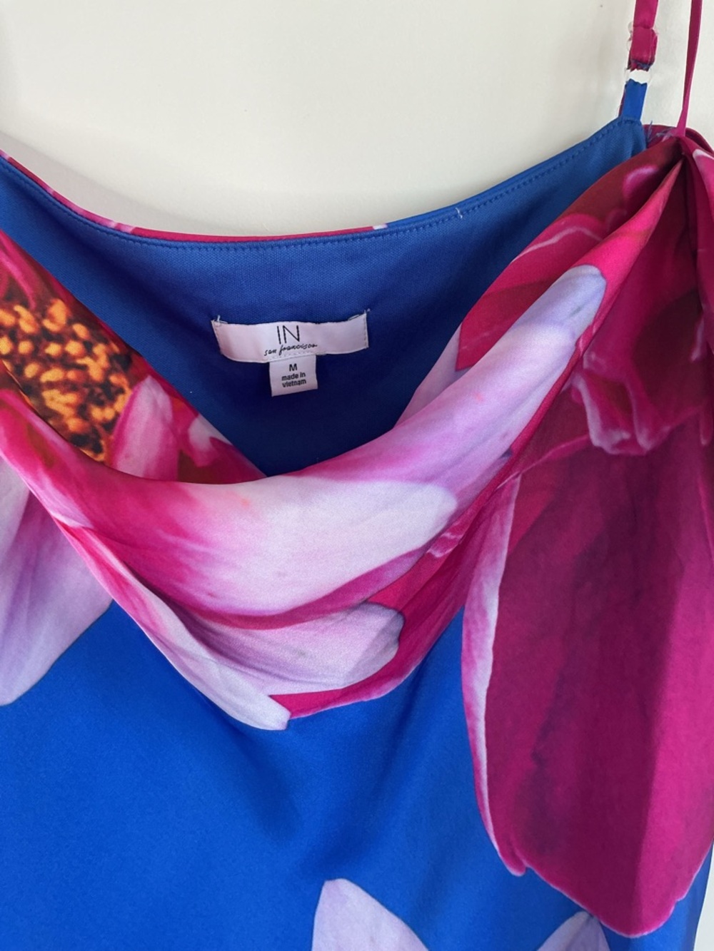 Blue Pink Floral Midi Dress Off Shoulder Satin Slip IN San Francisco M - Picture 4 of 6